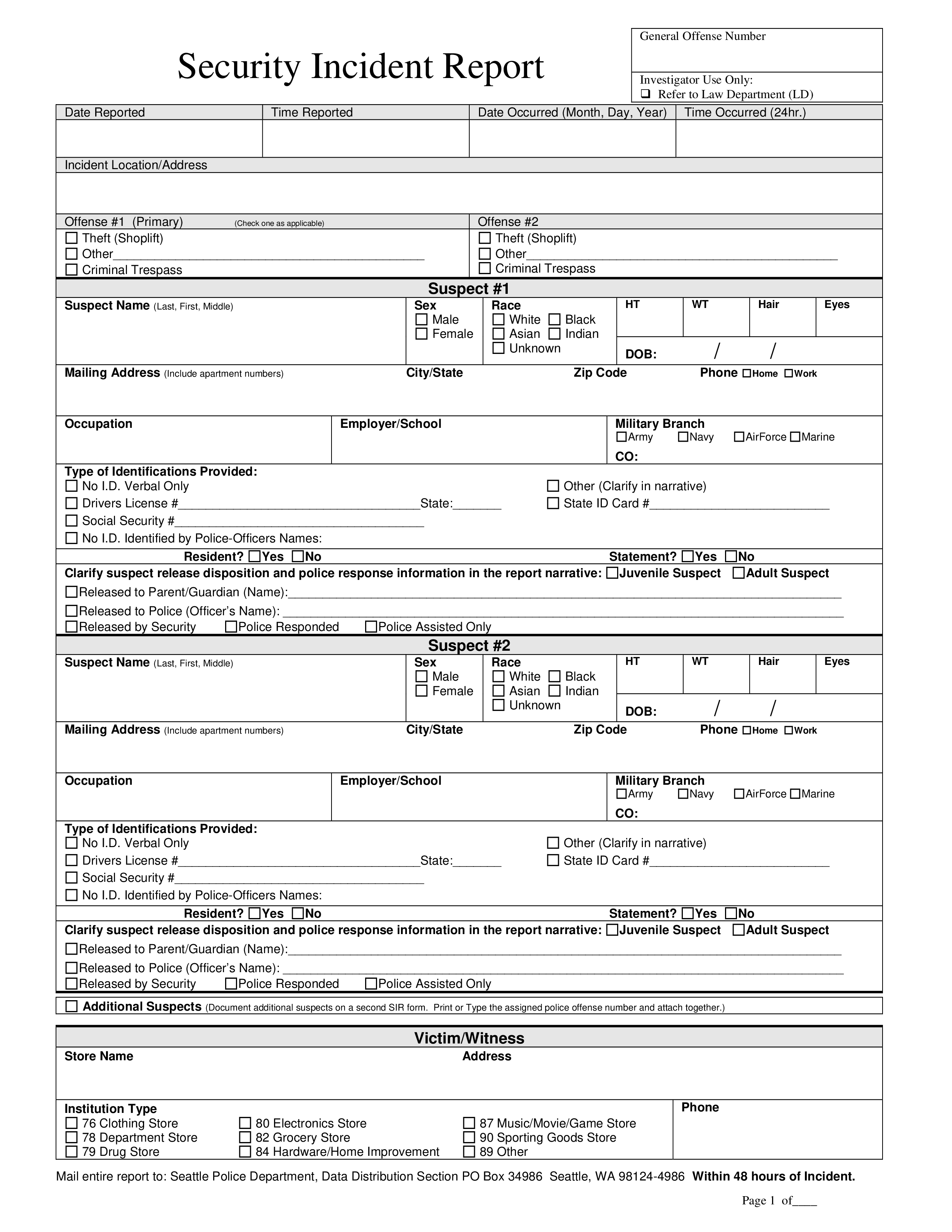 Blank Police Incident Report Template