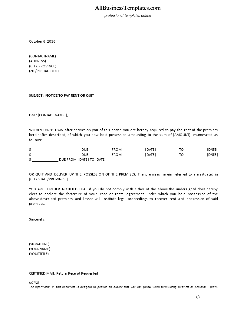 formal letter landlord notice to pay rent Hauptschablonenbild
