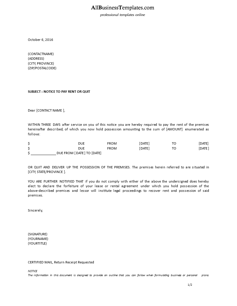 formal letter landlord notice to pay rent template