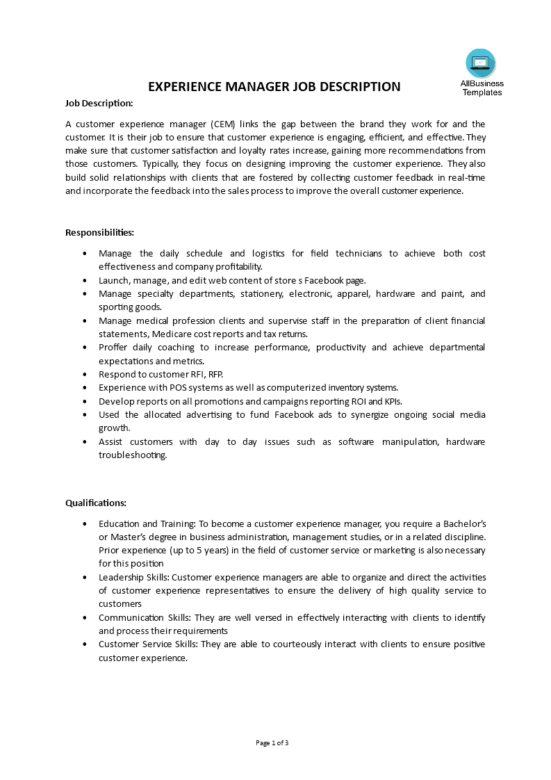 experience manager job description template