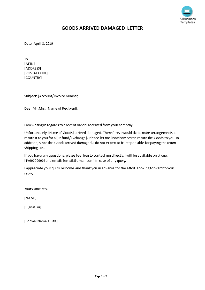 Damage Goods Complaint Letter sample | Templates at ...