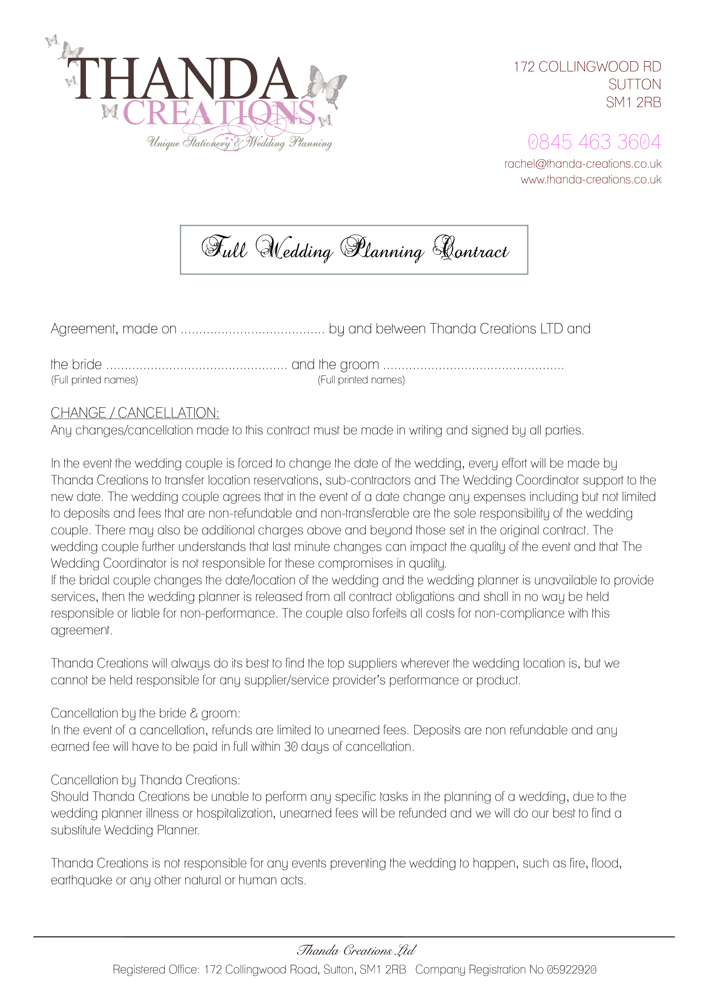 wedding planner contract template