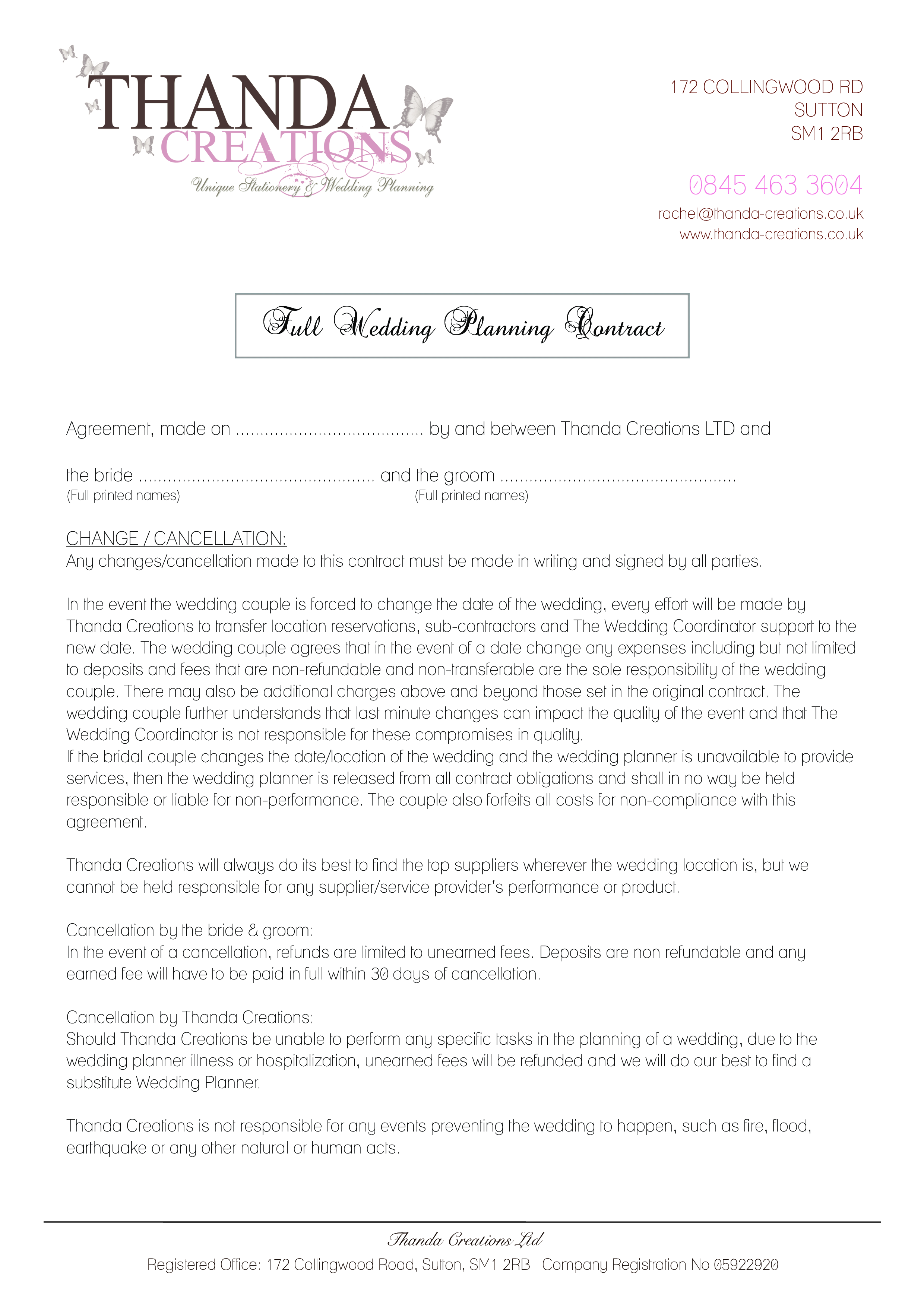 wedding planner contract templates