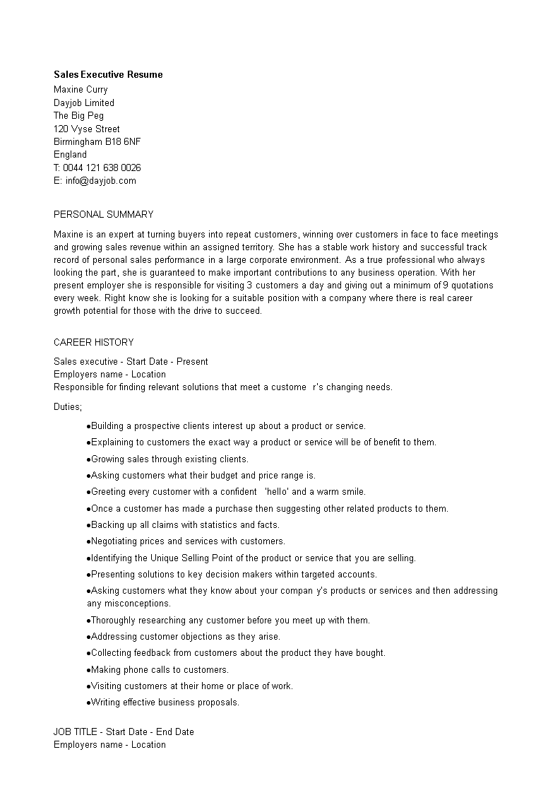 sales executive resume word modèles