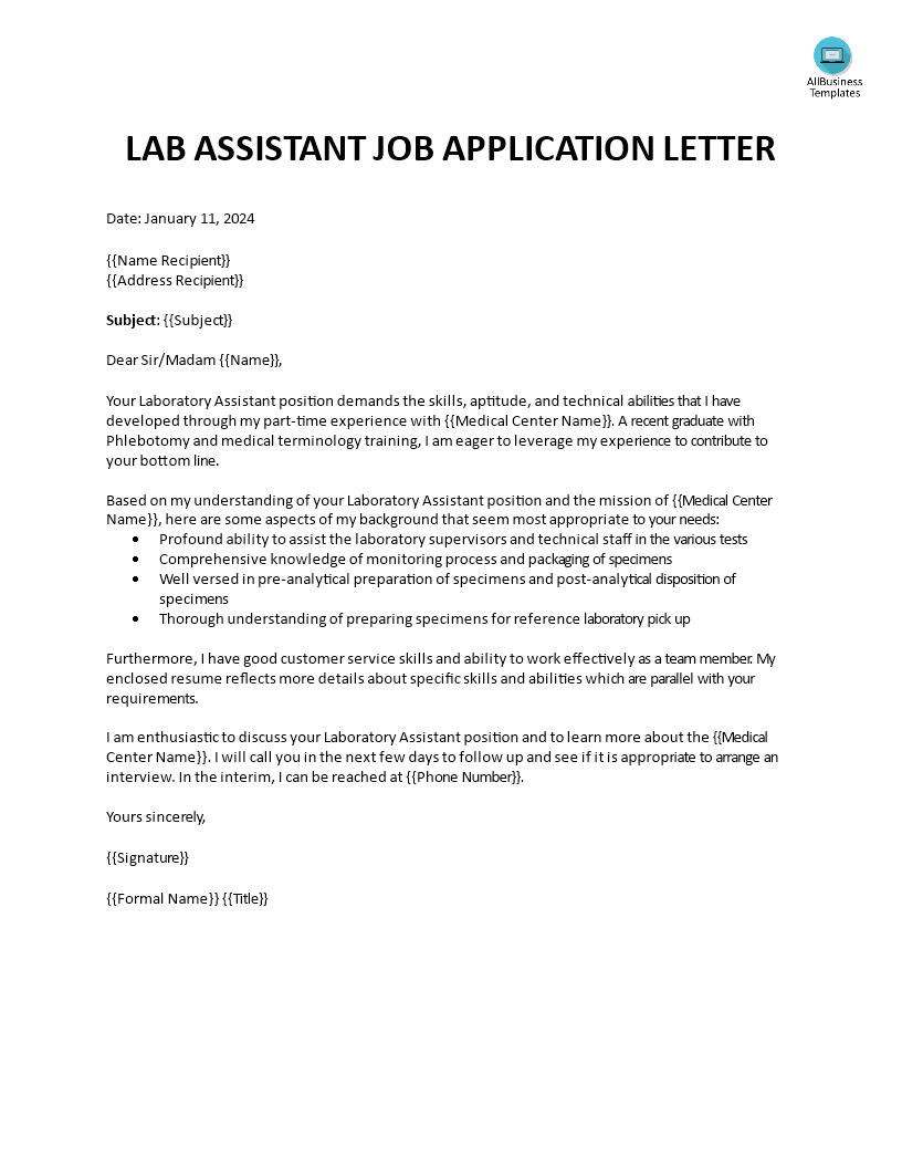 lab assistant job application letter template