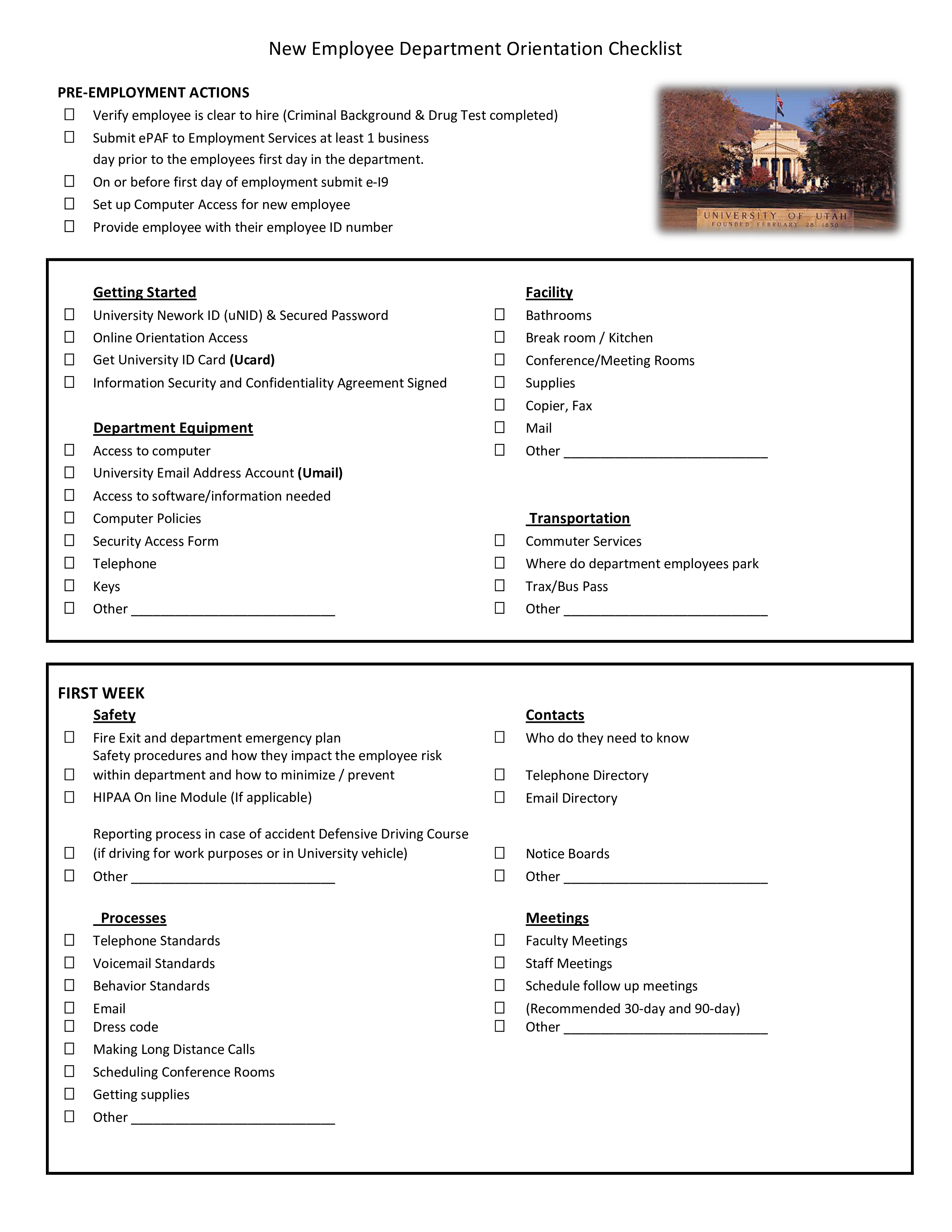 New Employee Department Orientation Checklist main image