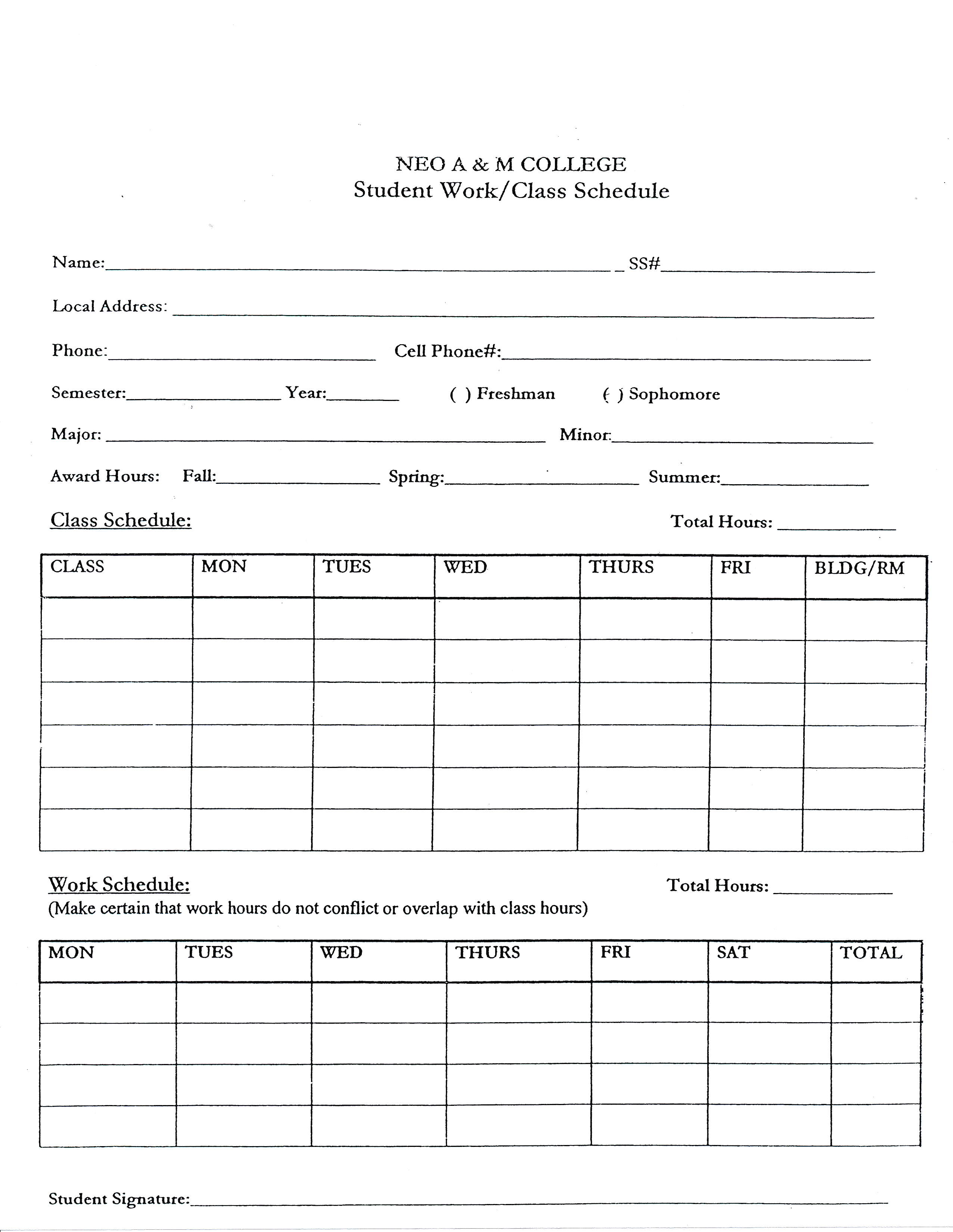 college student class schedule template