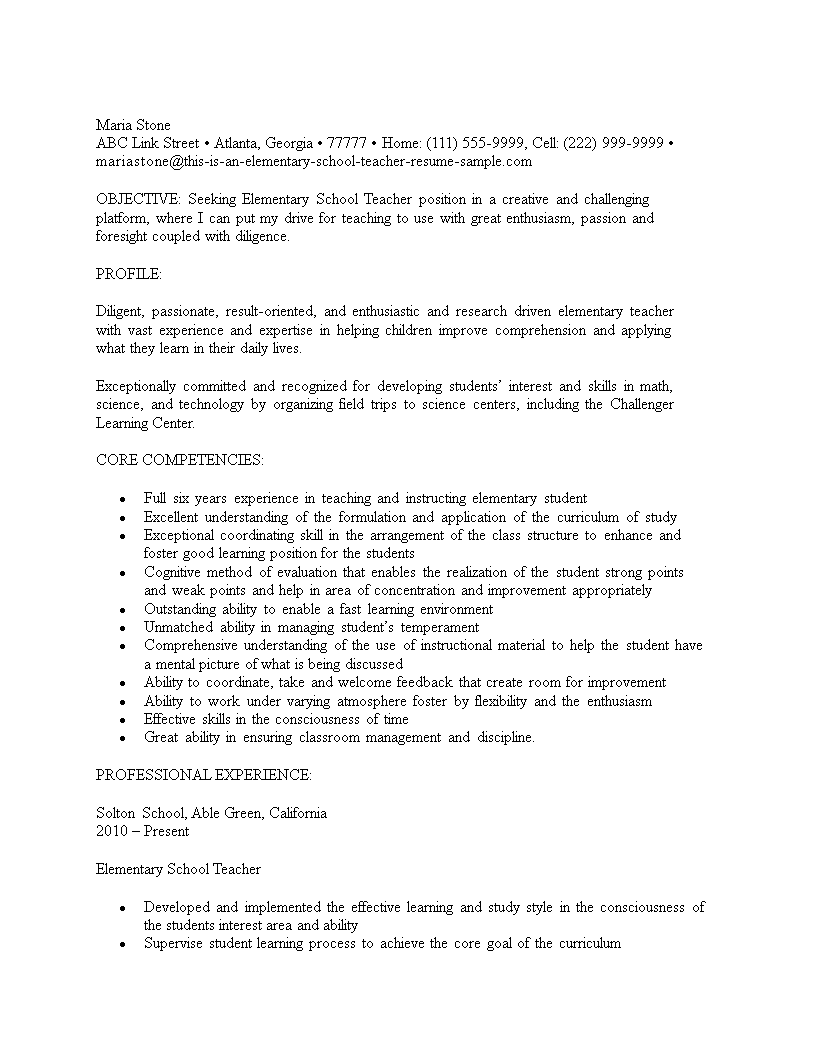 experienced elementary teacher cv modèles