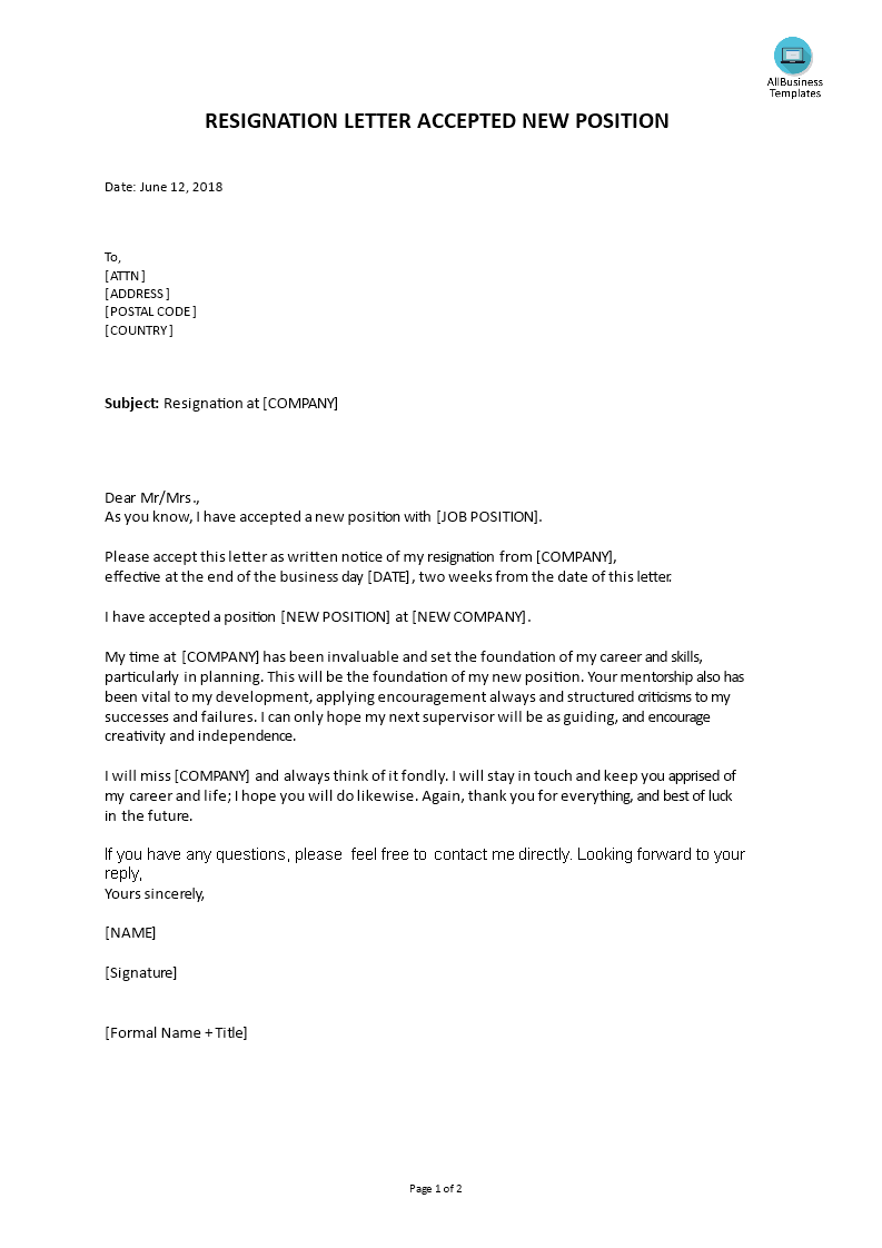 Resignation Letter For New Job from www.allbusinesstemplates.com
