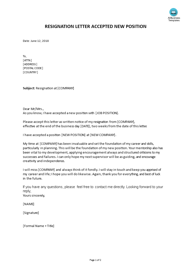 resignation letter accepted new position template