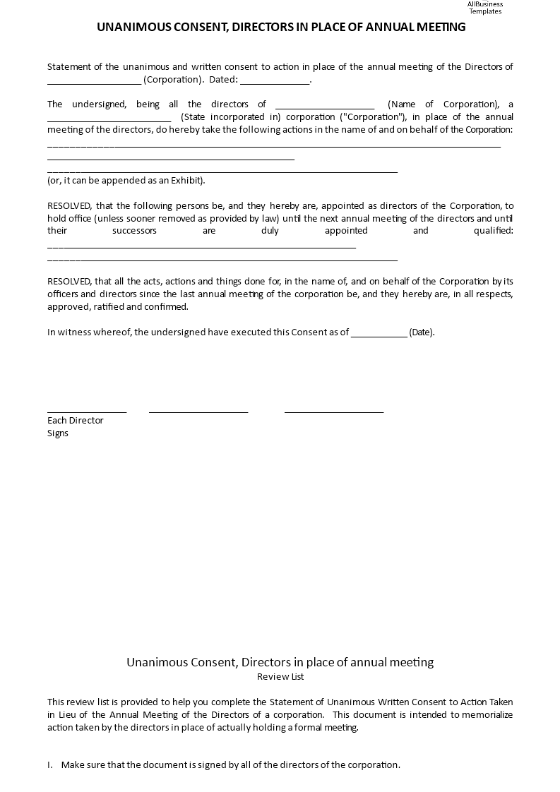 unanimous consent, directors annual meeting template