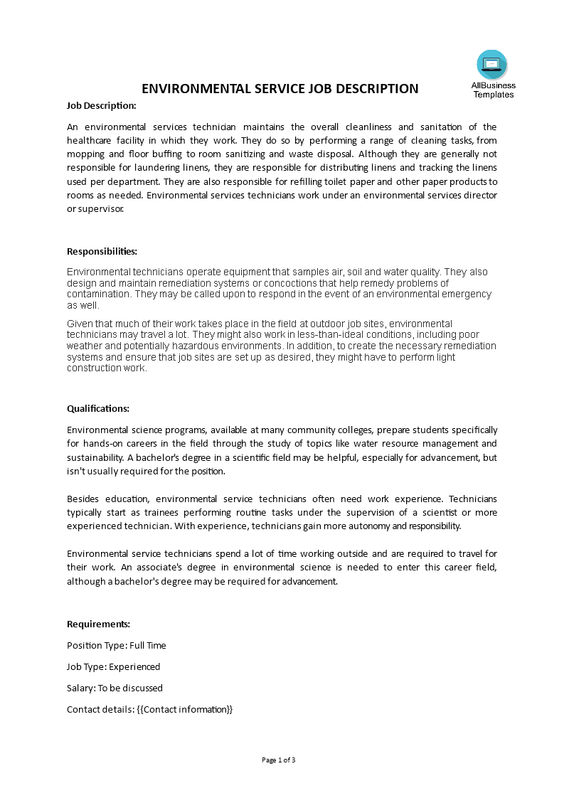 environmental service job description template