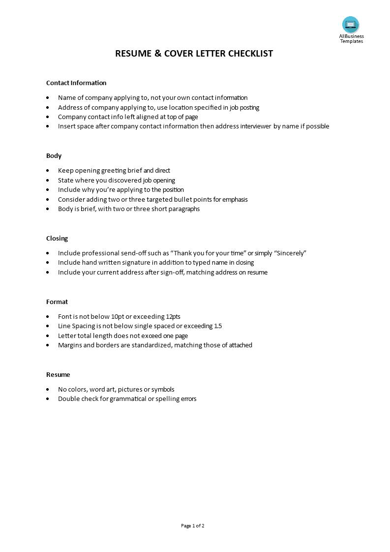 resume genius cover letter checklist modèles