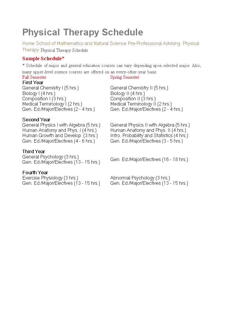  Physical Therapy Schedule Allbusinesstemplates