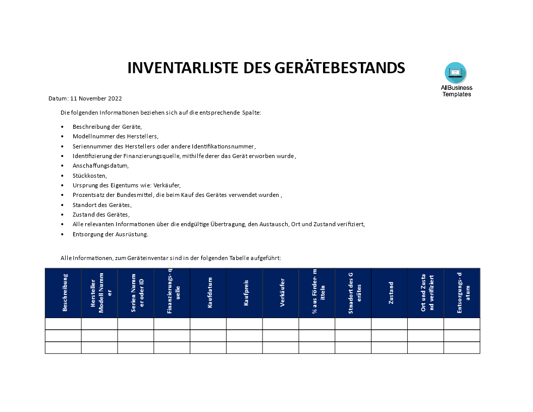 geräte inventarliste modèles