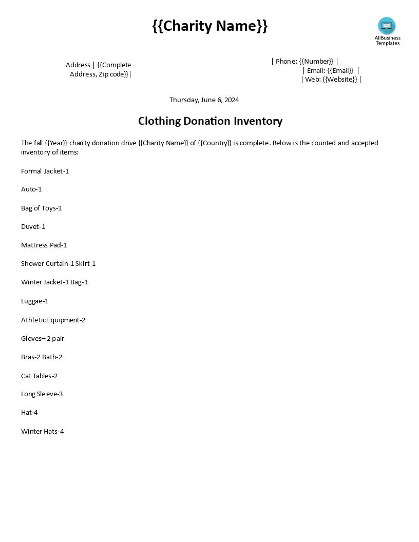 Clothing Donation Inventory | Templates at allbusinesstemplates.com