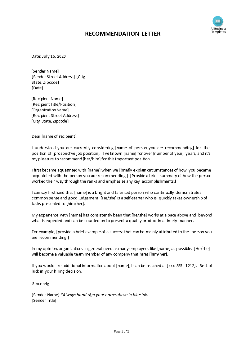 Recommendation Letter For A Job Position from www.allbusinesstemplates.com
