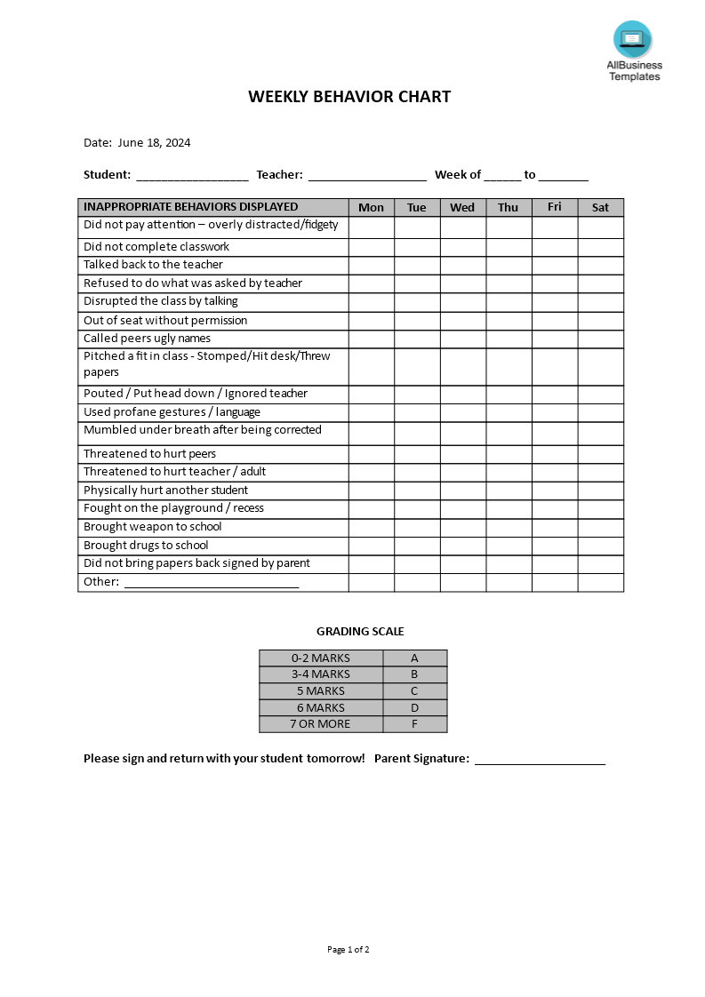 Weekly Behaviour Chart 模板