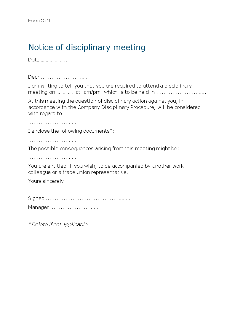 disciplinary letter meeting for an employee template