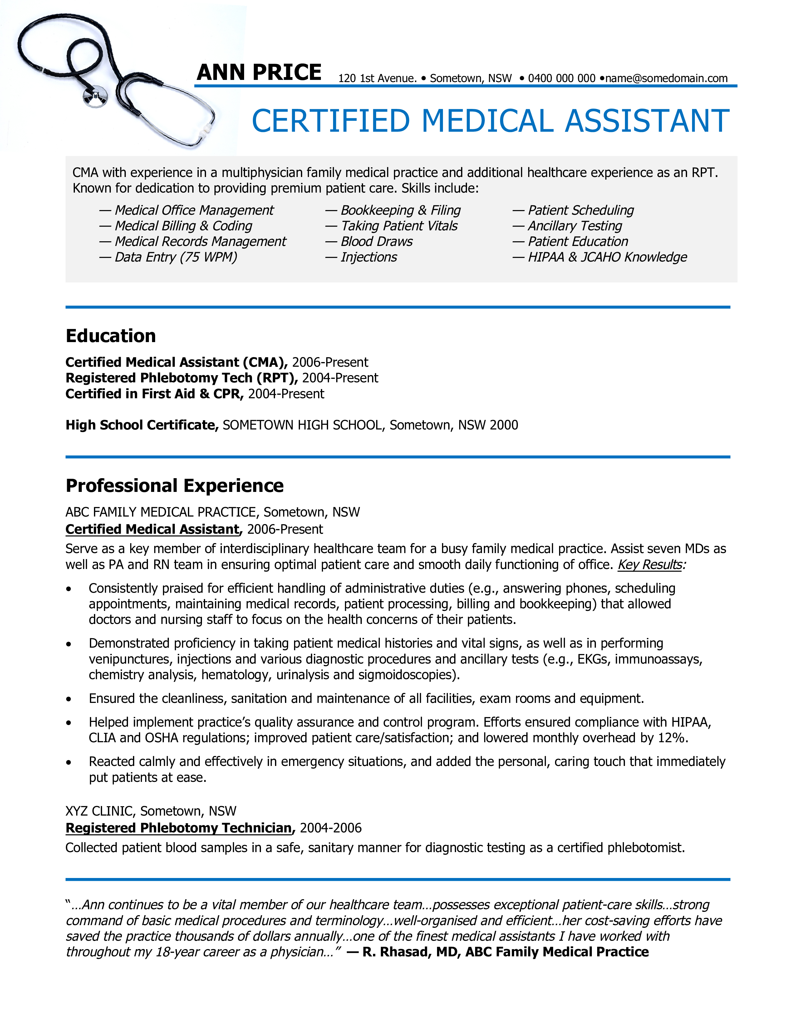 Certified Medical Assistant Resume Sample Templates at