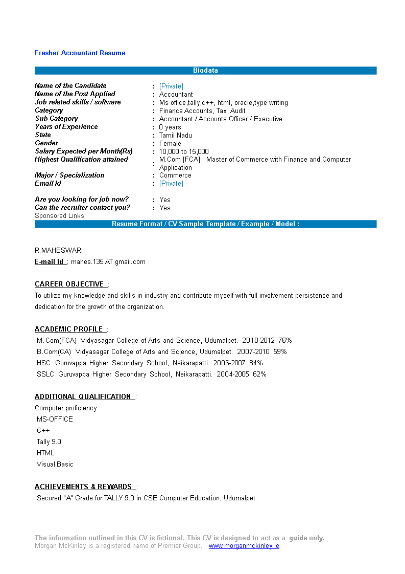 resume format for fresher accountant in word