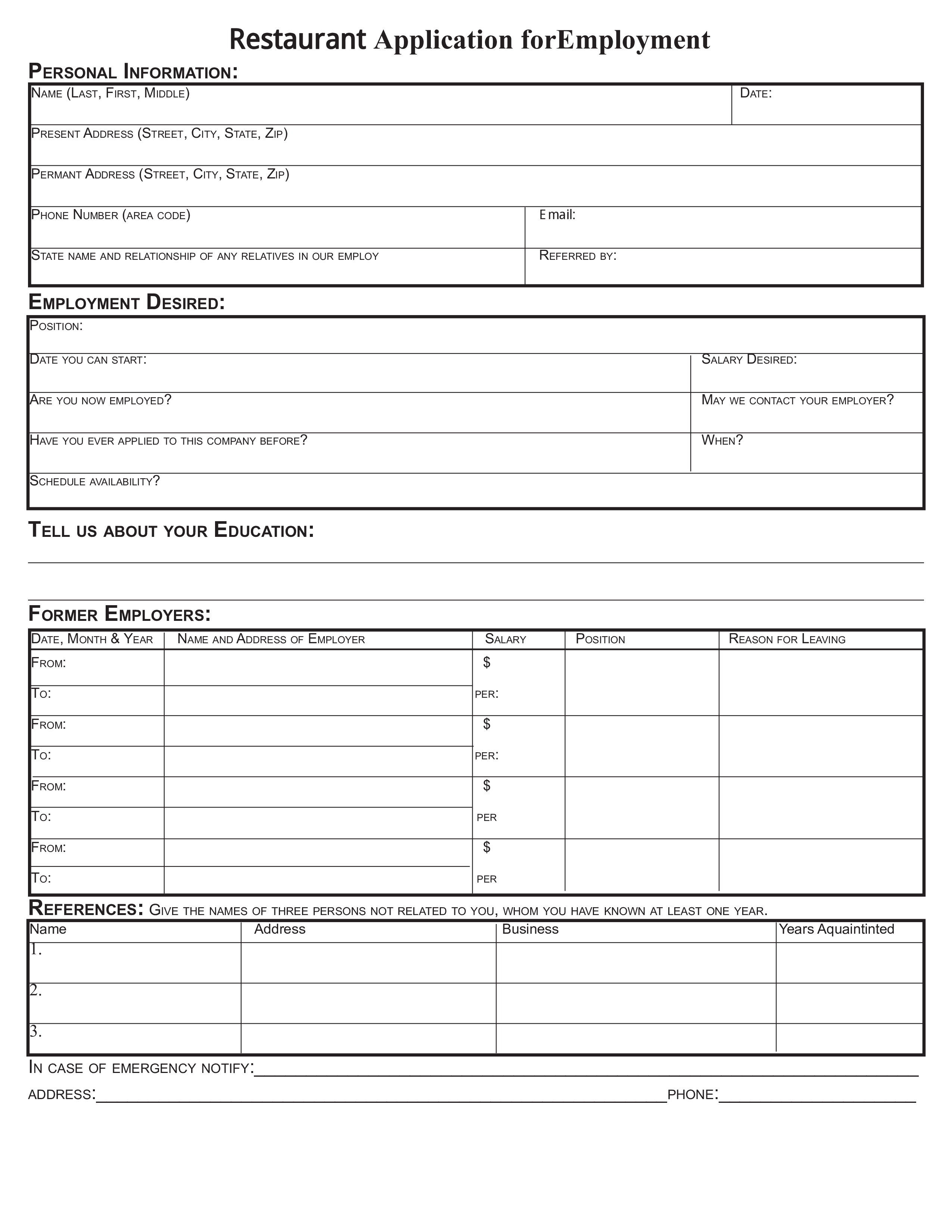 restaurant application form for employment modèles