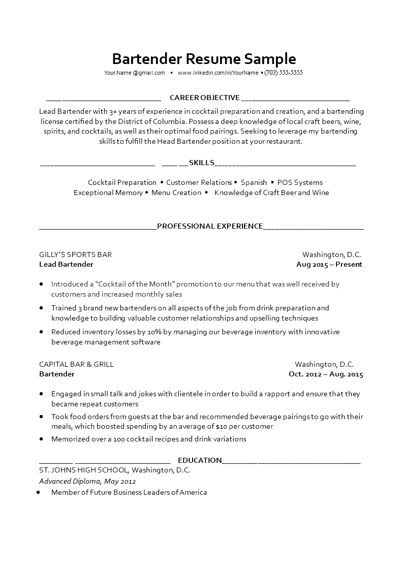 Bartender Resume Sample main image