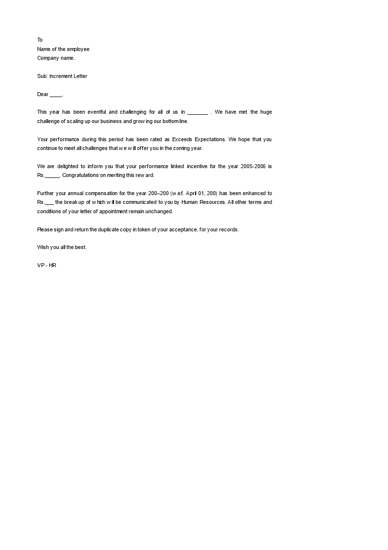 employee appraisal letter from hr word template voorbeeld afbeelding 