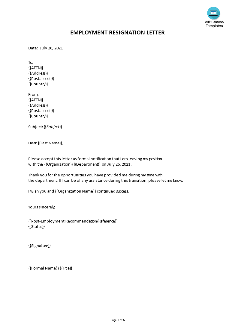 Formal Resignation Template Sample Resignation Letter