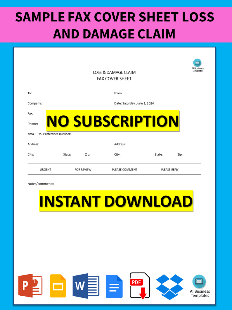 Sample Fax Cover Sheet loss and damage claim 模板