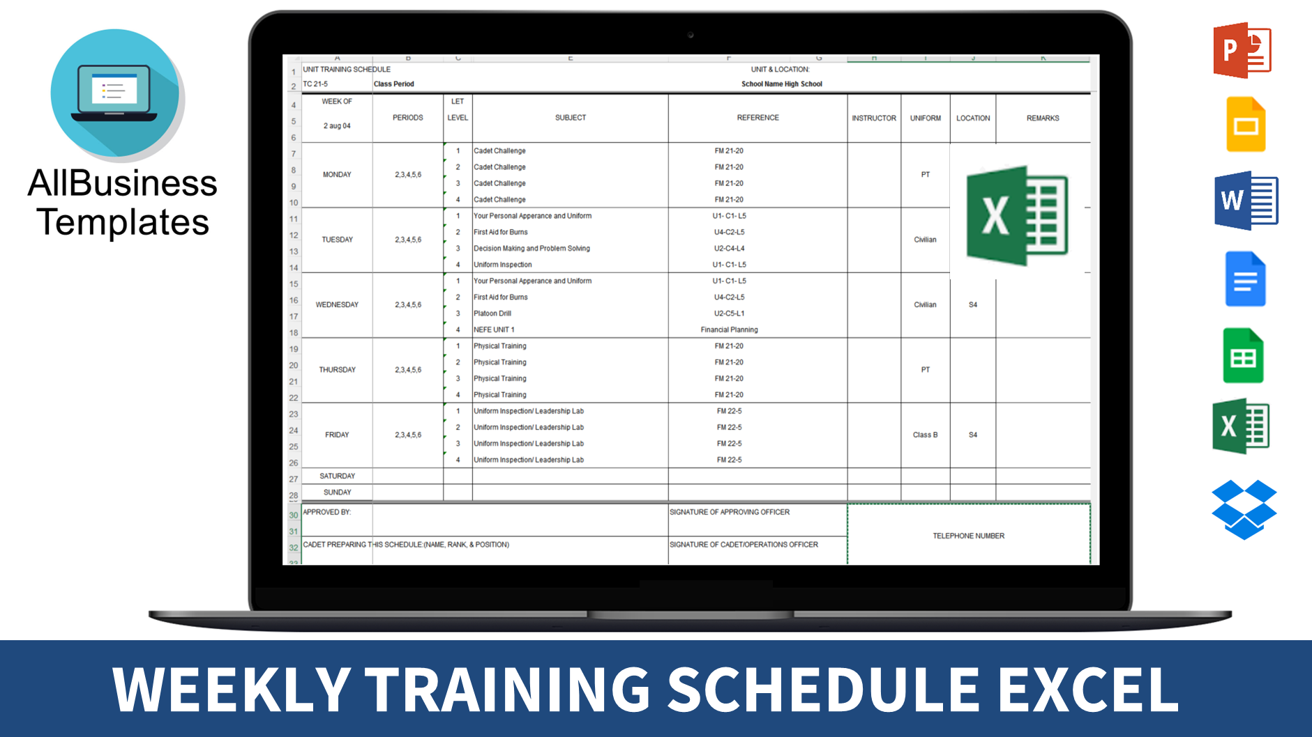 weekly training schedule excel modèles