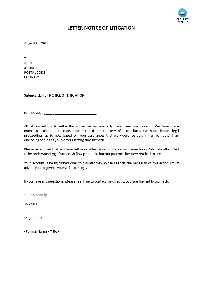 litigation letter notice voorbeeld afbeelding 