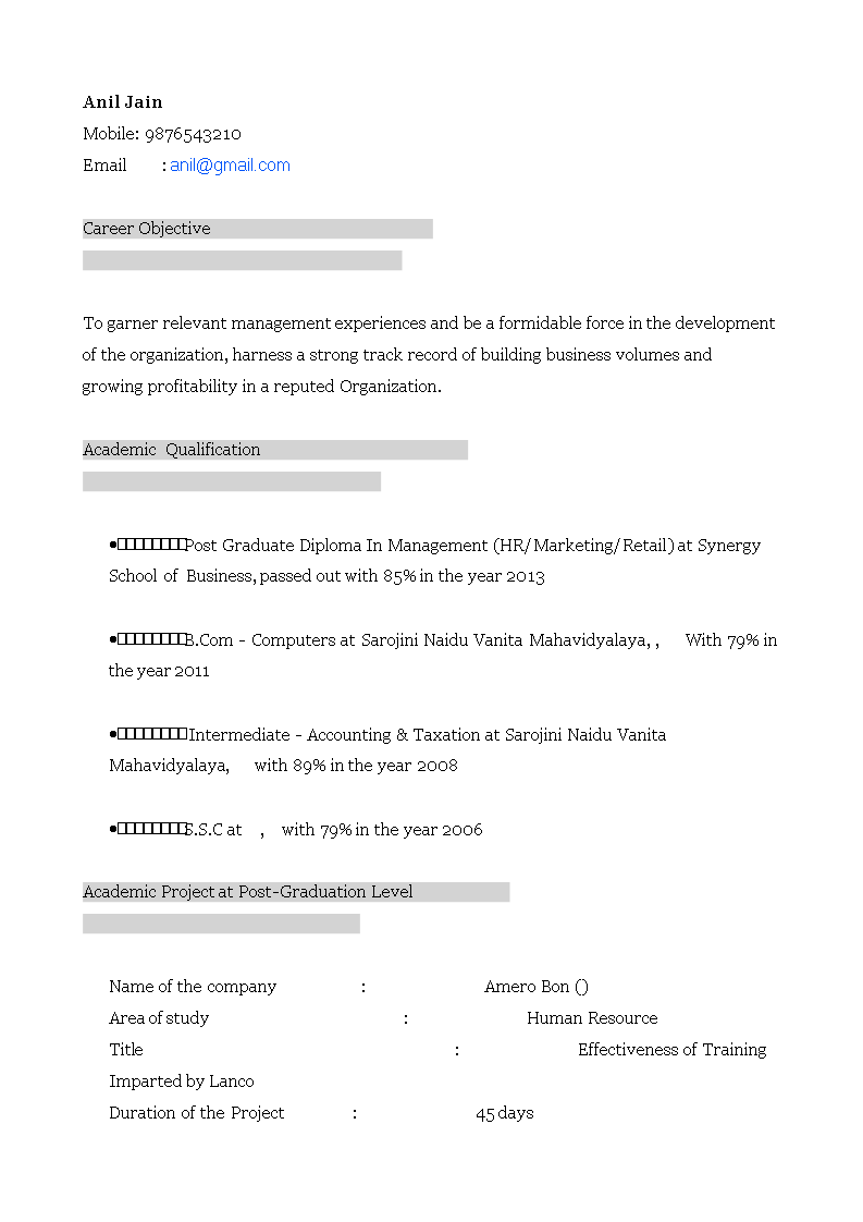 mba fresher resume sample template