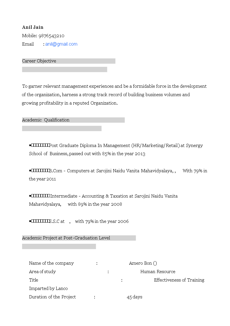 MBA Fresher Resume Sample 模板