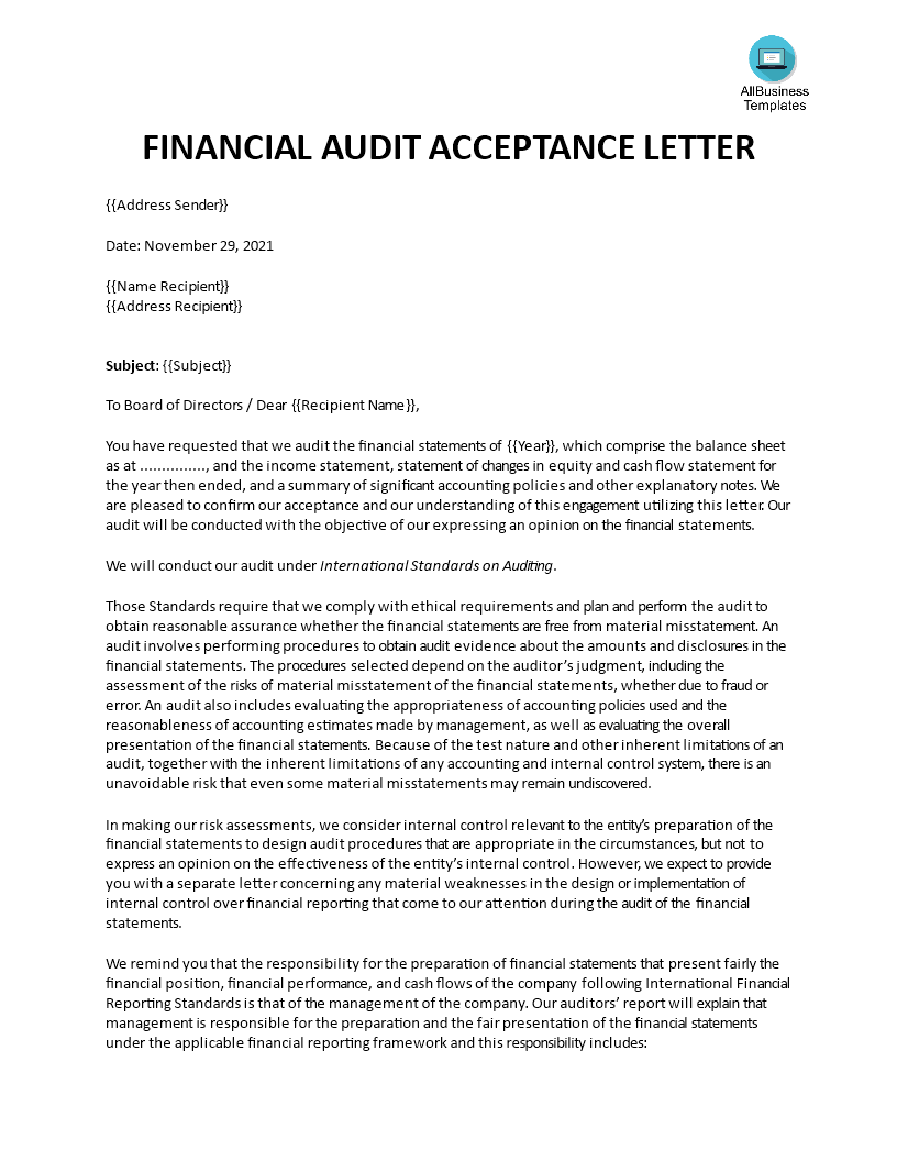 audit engagement letter sample voorbeeld afbeelding 