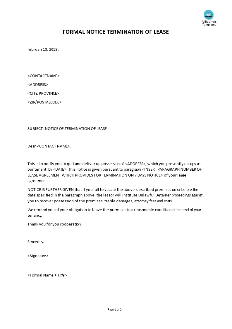 Formal Letter Landlord Notice of Termination Lease ...