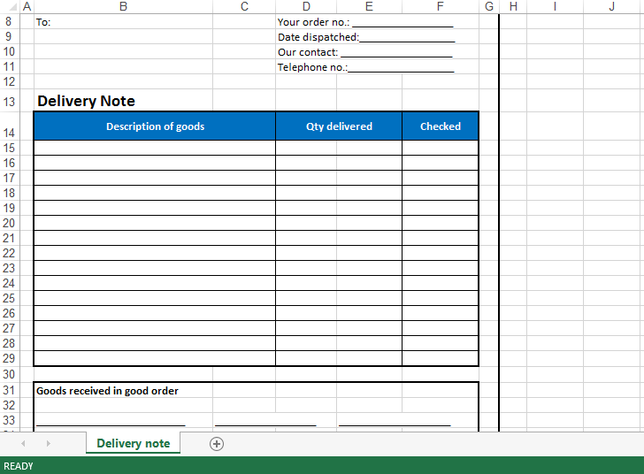 delivery note excel template voorbeeld afbeelding 