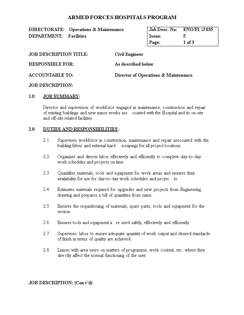 civil engineer job description template modèles