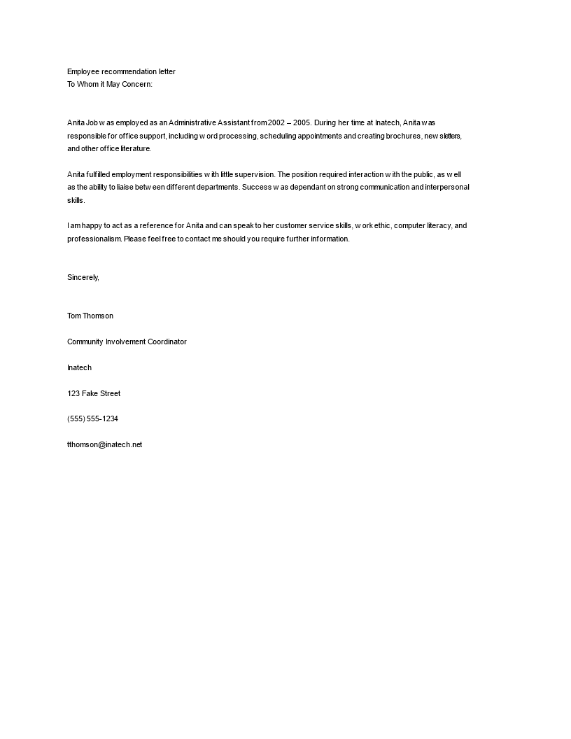 job recommendation letter for employee plantilla imagen principal