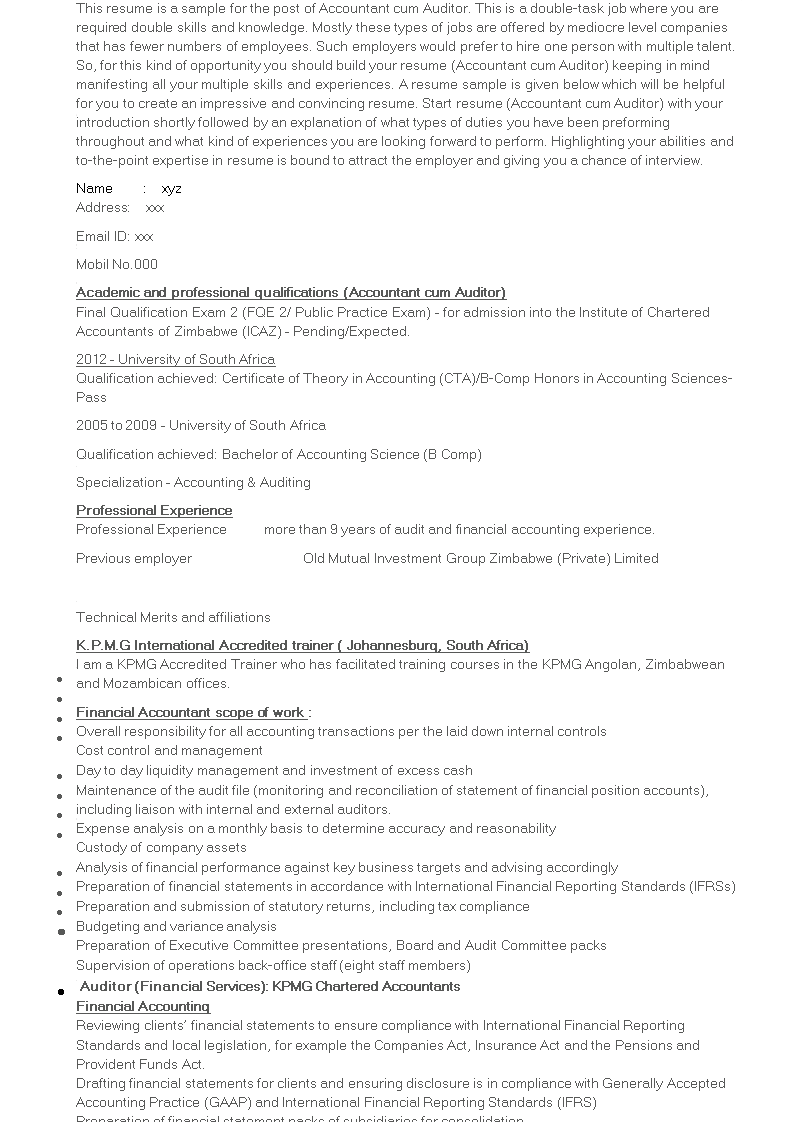 accounting auditor resume sample template