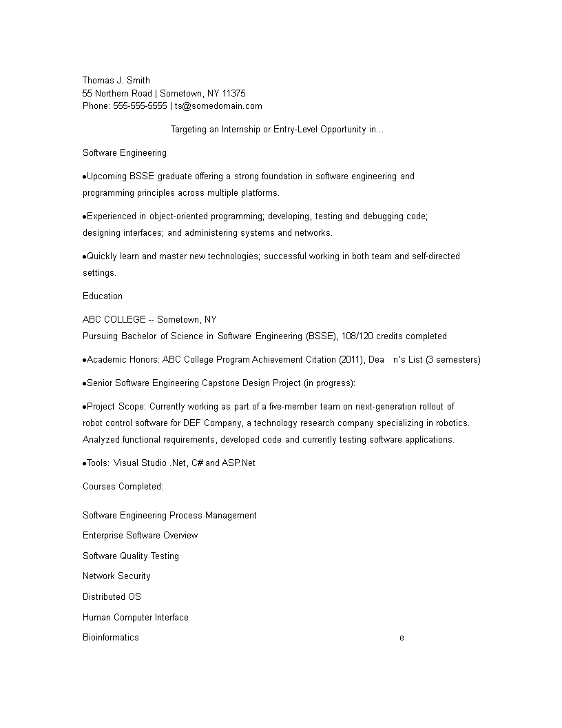 robot control software engineering fresher resume template