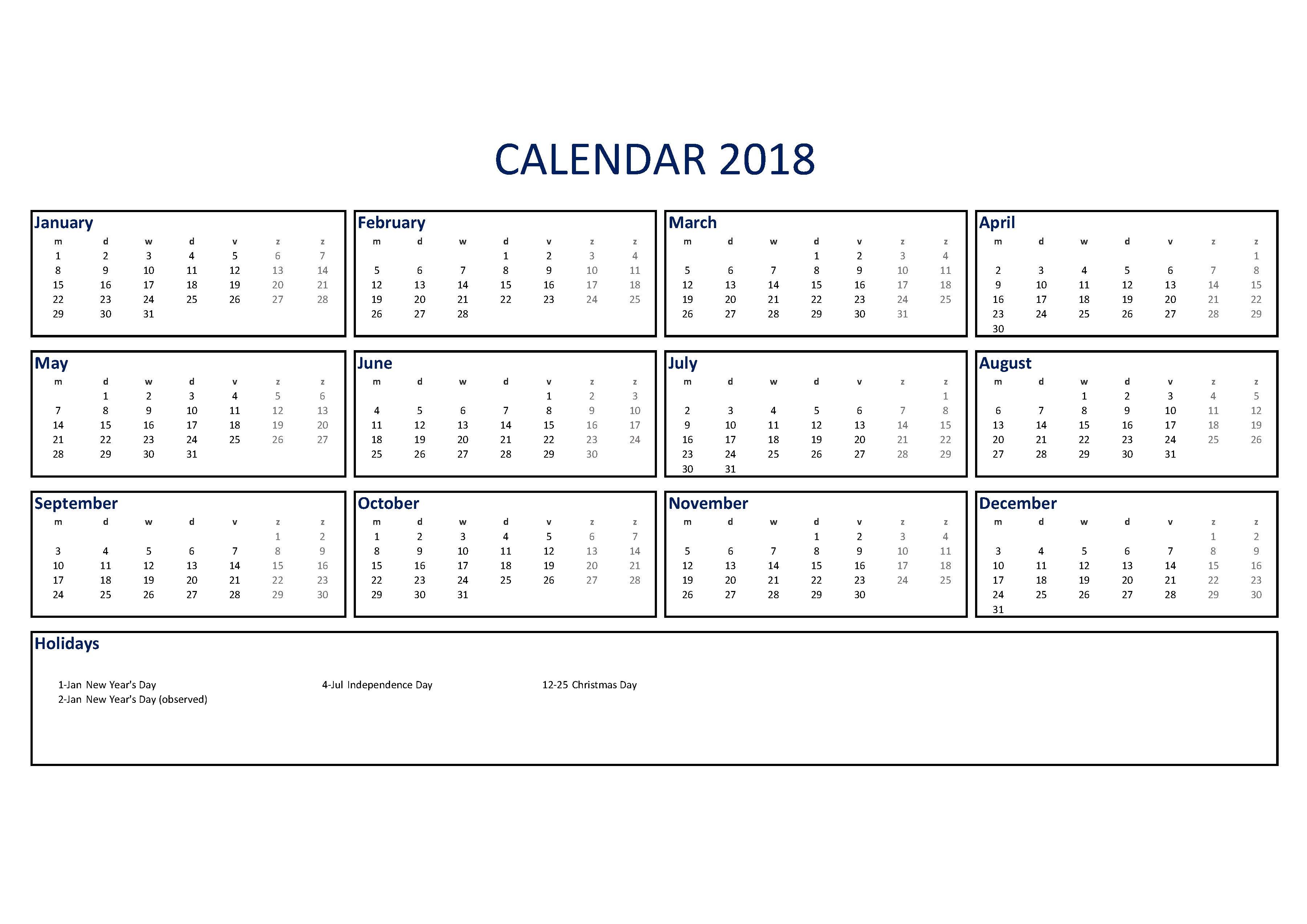 2018 kalender excel a3 formaat voorbeeld afbeelding 