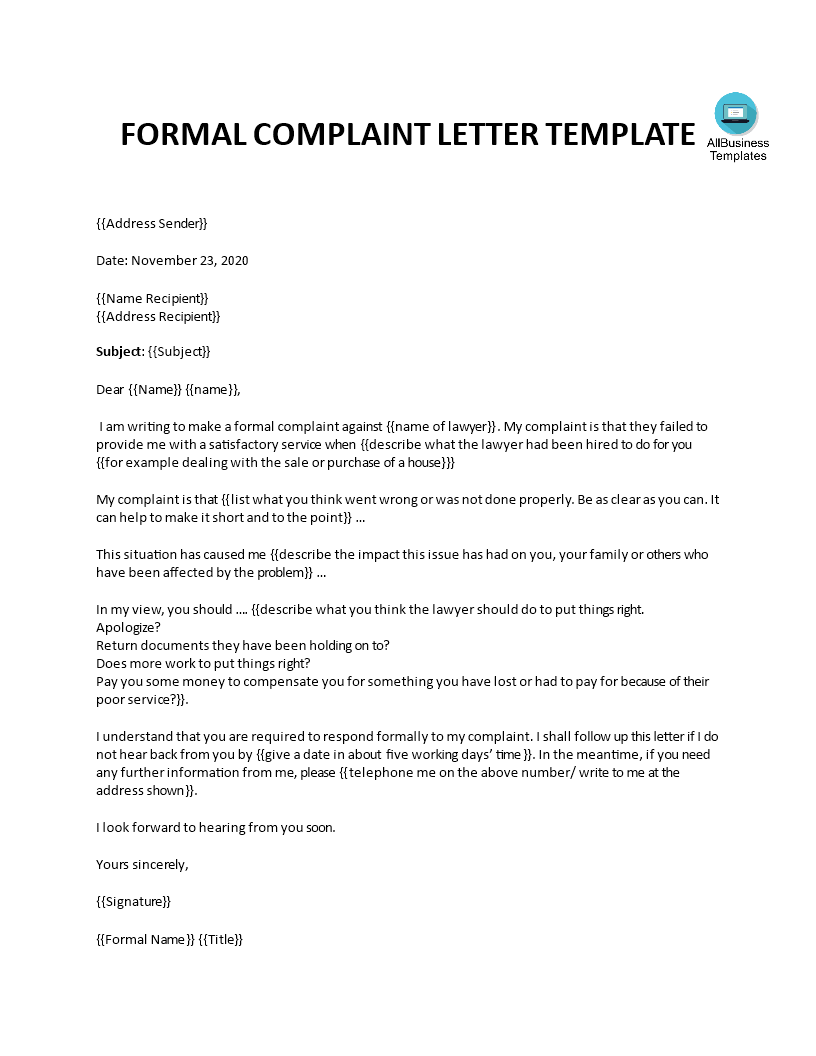 Formal Complaint Letter against a Lawyer or Law Firm 模板