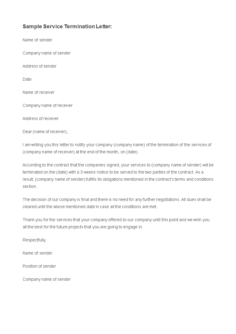 letter of termination of service template
