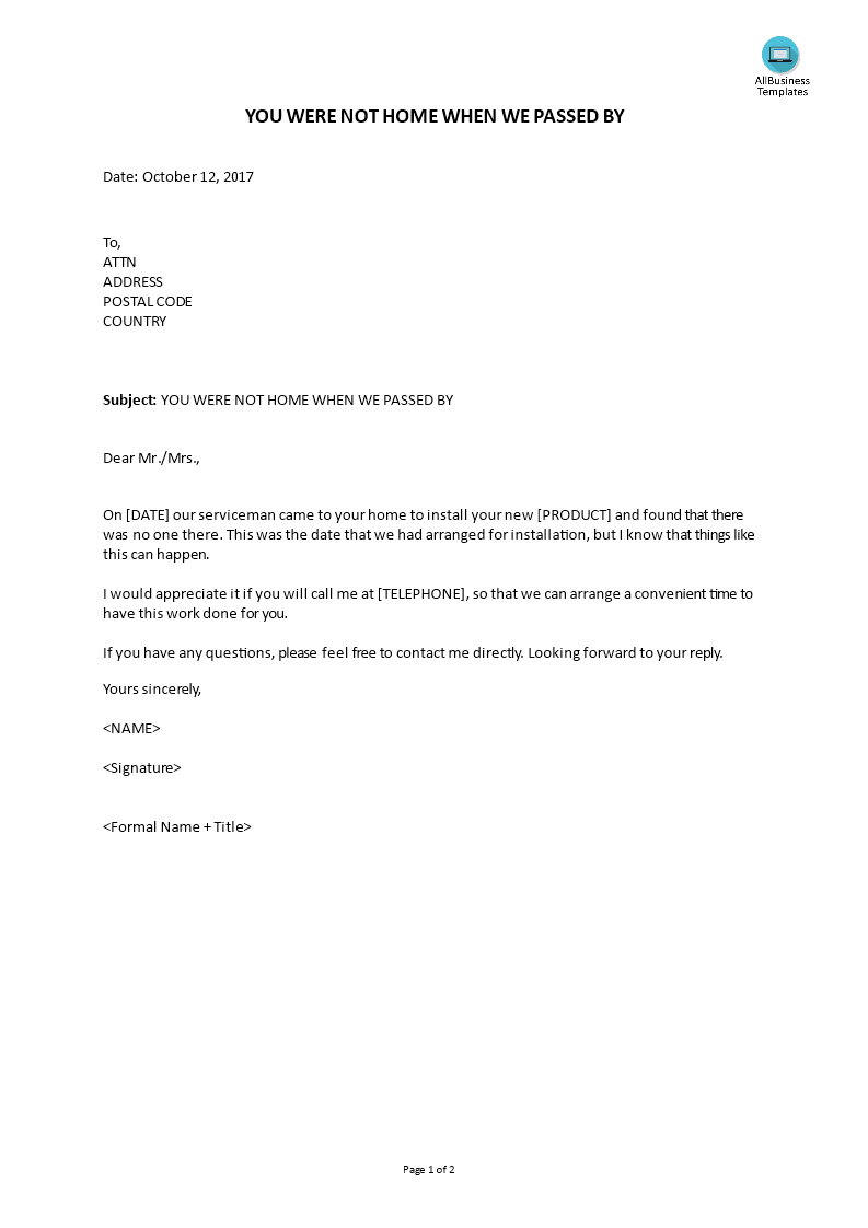 letter to customer not home for service appointment voorbeeld afbeelding 