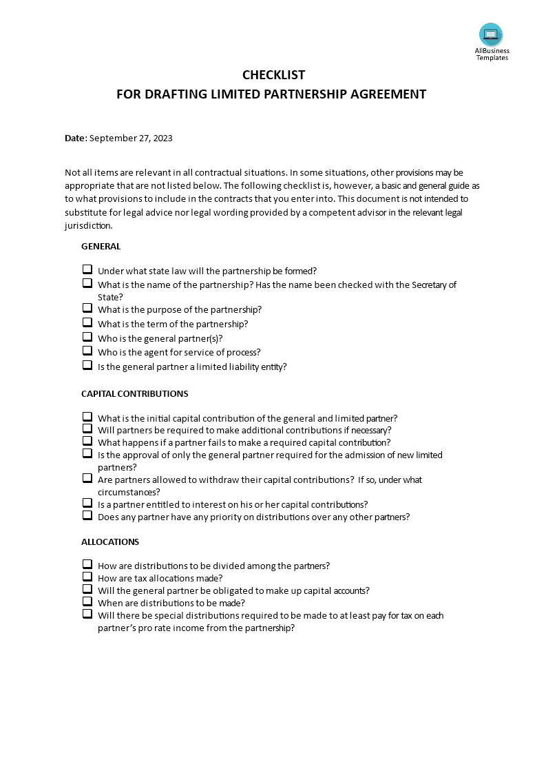 checklist: for drafting limited partnership agreement plantilla imagen principal