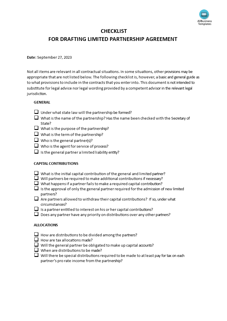 checklist: for drafting limited partnership agreement modèles