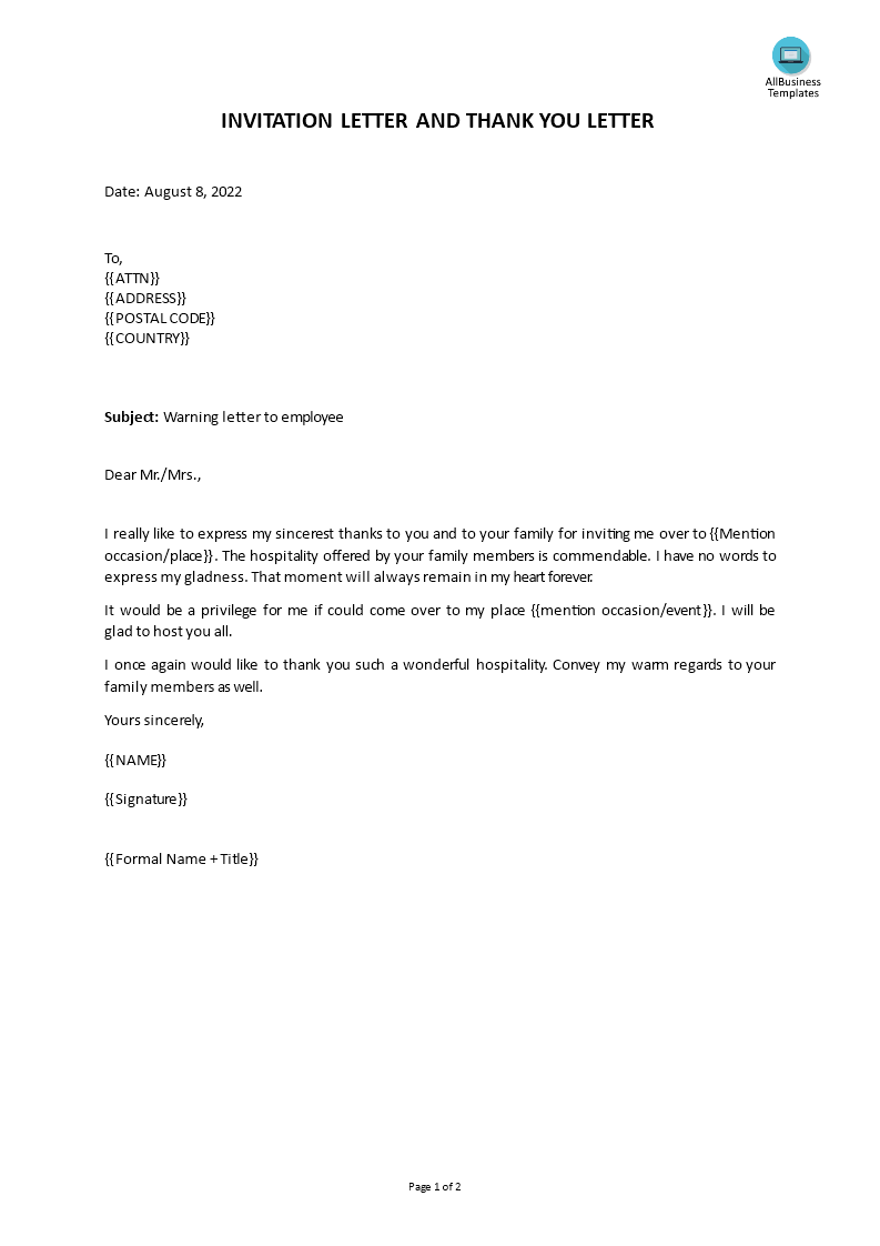 thanks for hospitality letter template voorbeeld afbeelding 