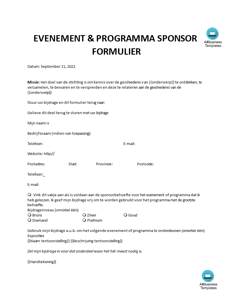 evenement sponsoringsformulier modèles