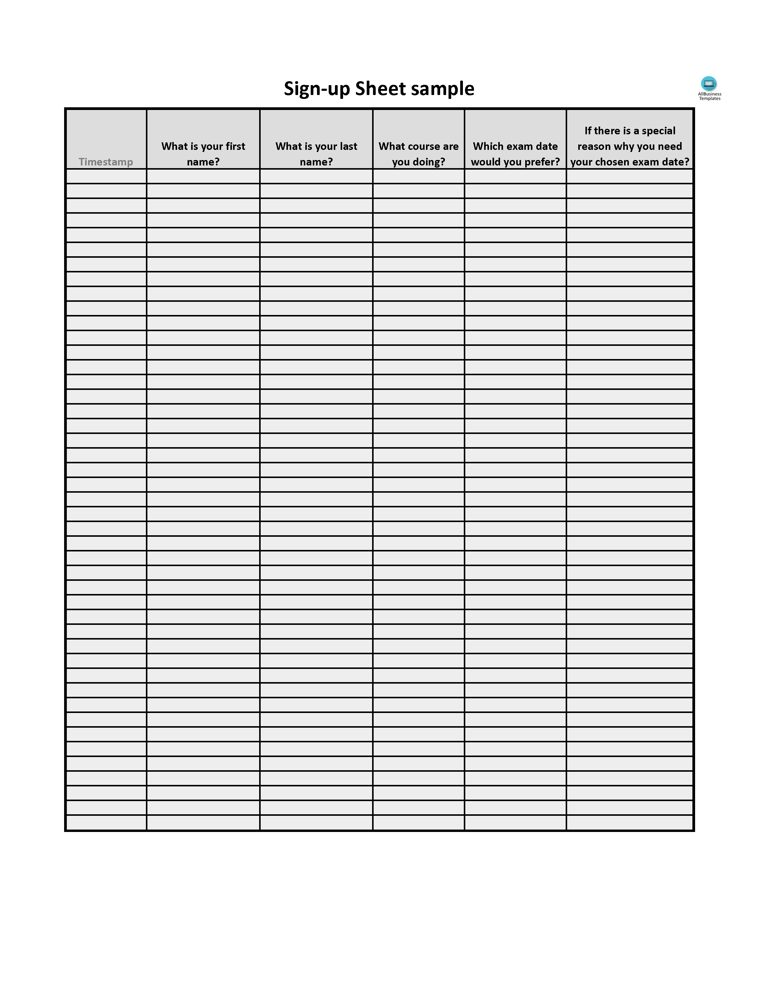 printable sign-up sheet sample template